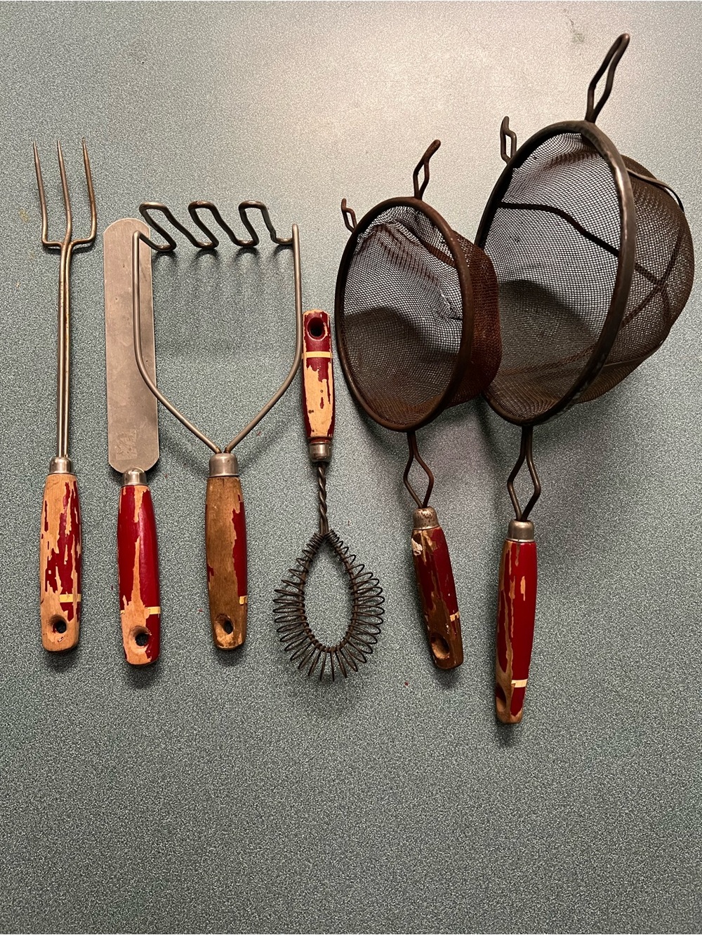 6 Piece Vintage Kitchen Utensils Red Wood Handles W/White Stripe